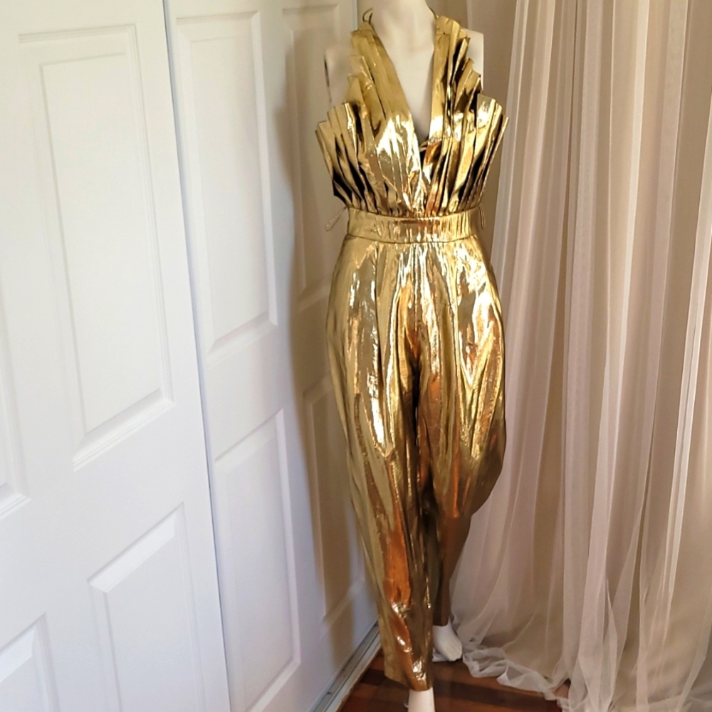 1970s/BB Collections Golden Metallic Lamé Halter Jumpsuit